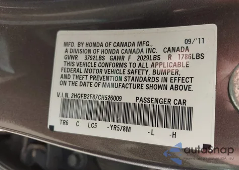 2012 Honda Civic Ex z USA, uszkodzony, nr VIN 2HGFB2F87CH526009